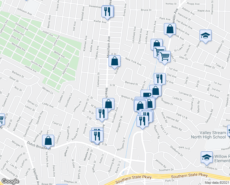 map of restaurants, bars, coffee shops, grocery stores, and more near 578 Rye Court in Valley Stream