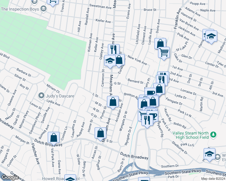 map of restaurants, bars, coffee shops, grocery stores, and more near 578 Rye Court in Valley Stream