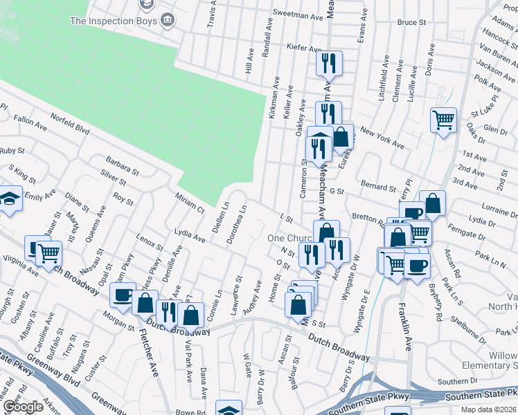 map of restaurants, bars, coffee shops, grocery stores, and more near 1453 L Street in Elmont