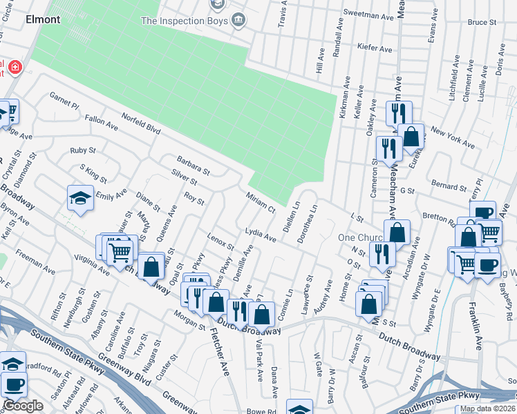 map of restaurants, bars, coffee shops, grocery stores, and more near 596 Valmont Place in Elmont