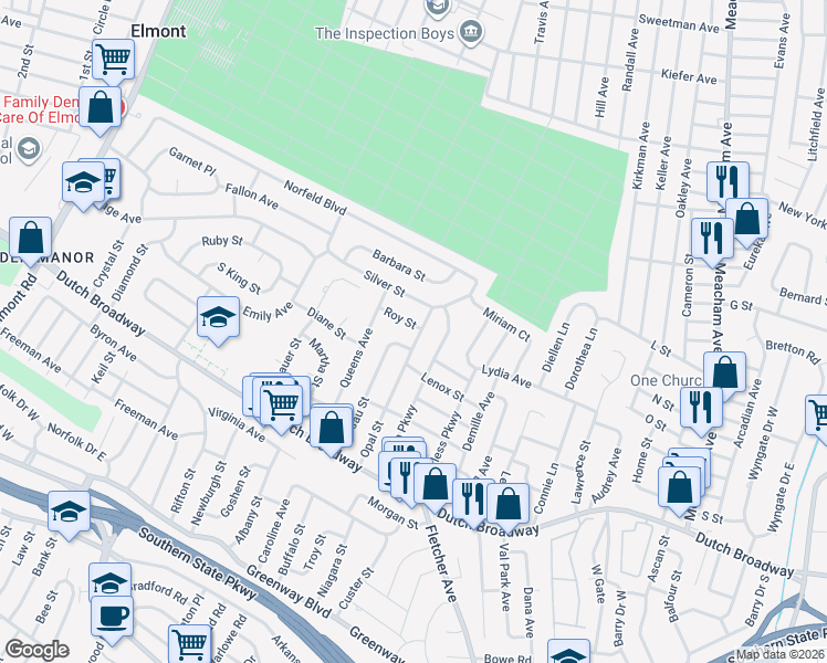 map of restaurants, bars, coffee shops, grocery stores, and more near 147 Opal Street in Elmont