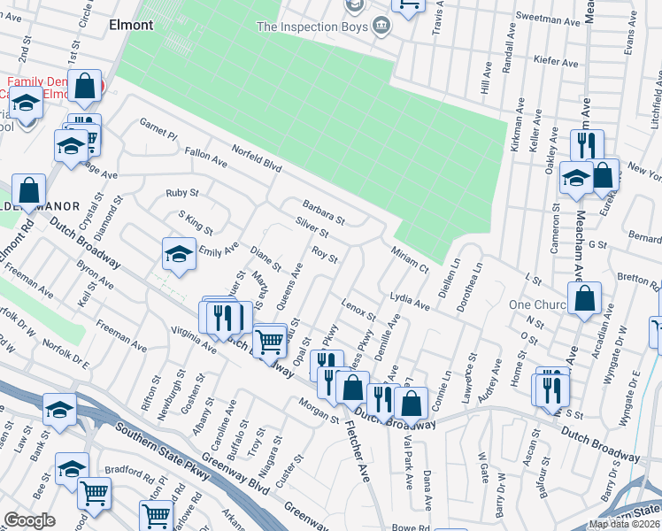 map of restaurants, bars, coffee shops, grocery stores, and more near 147 Opal Street in Elmont