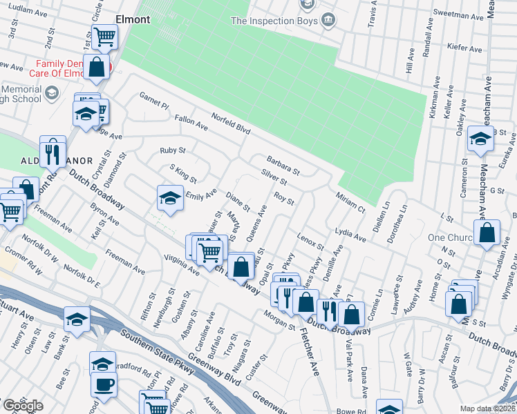 map of restaurants, bars, coffee shops, grocery stores, and more near 1760 Diane Street in Elmont