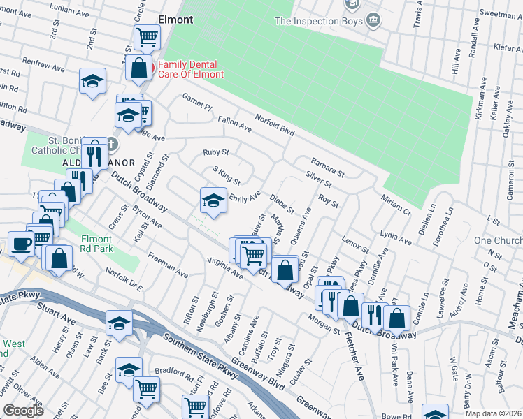 map of restaurants, bars, coffee shops, grocery stores, and more near 663 Martha Street in Elmont