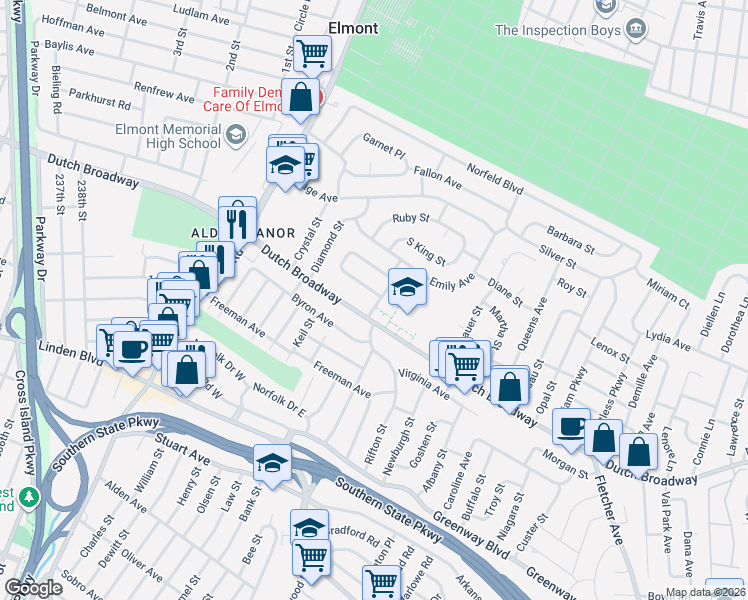 map of restaurants, bars, coffee shops, grocery stores, and more near 14 Keegan Street in Elmont