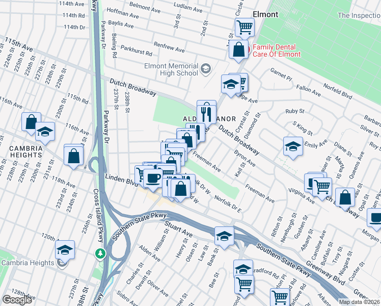 map of restaurants, bars, coffee shops, grocery stores, and more near 35 Freeman Avenue in Elmont