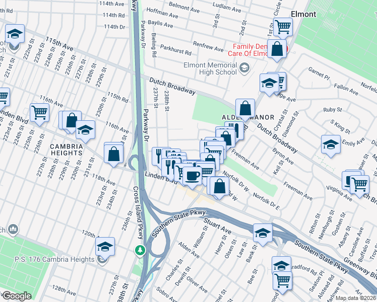 map of restaurants, bars, coffee shops, grocery stores, and more near 23864 116th Avenue in Elmont