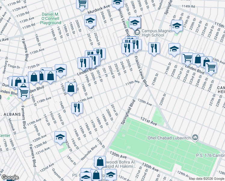 map of restaurants, bars, coffee shops, grocery stores, and more near 201-50 119th Avenue in Queens