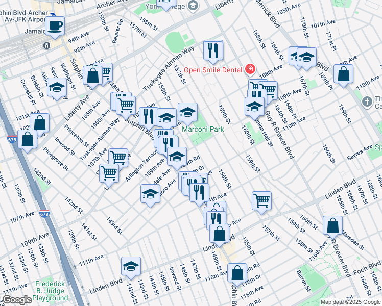 map of restaurants, bars, coffee shops, grocery stores, and more near 109-01 153rd Street in Queens