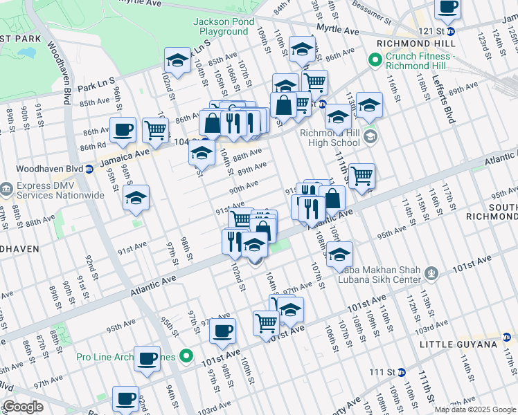 map of restaurants, bars, coffee shops, grocery stores, and more near 104-33 92nd Avenue in Queens