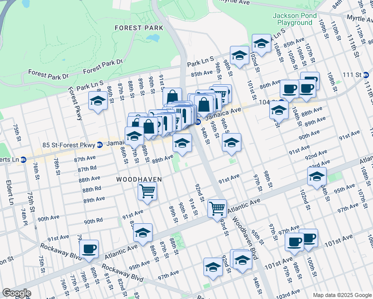 map of restaurants, bars, coffee shops, grocery stores, and more near 9206 88th Avenue in Queens