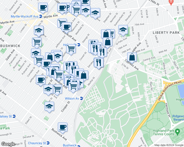 map of restaurants, bars, coffee shops, grocery stores, and more near in 