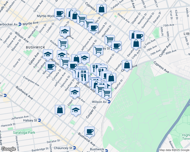 map of restaurants, bars, coffee shops, grocery stores, and more near 830 Knickerbocker Avenue in Brooklyn