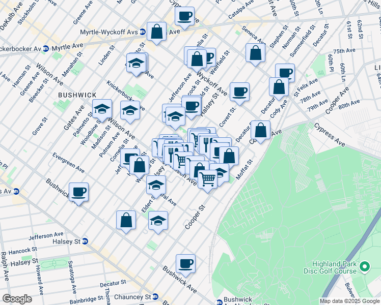 map of restaurants, bars, coffee shops, grocery stores, and more near 273 Eldert Street in Brooklyn