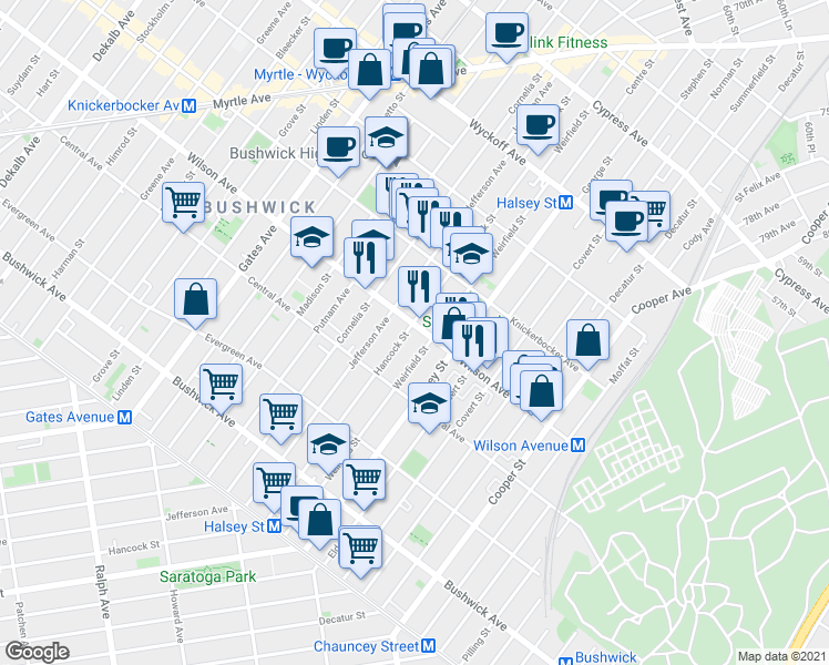 map of restaurants, bars, coffee shops, grocery stores, and more near 1232 Hancock Street in Brooklyn