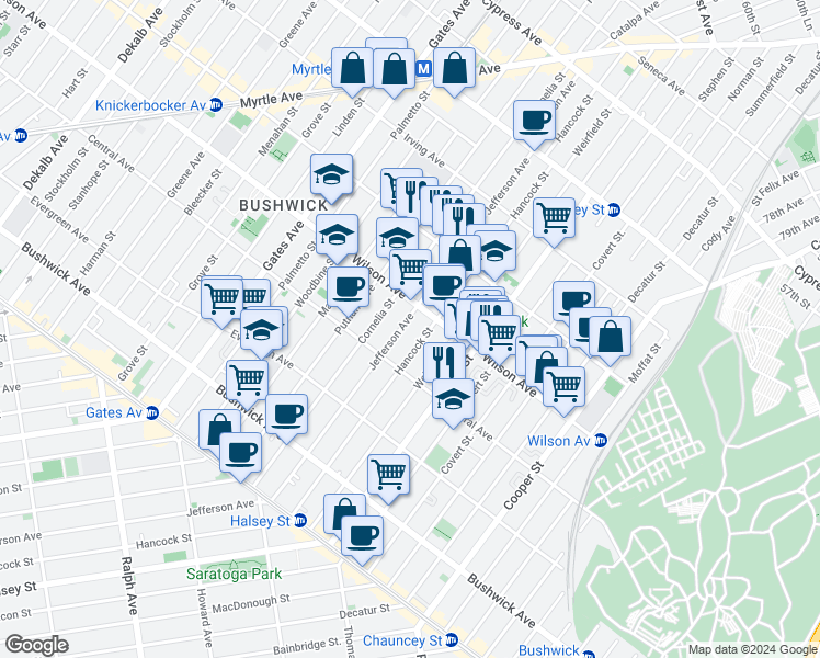map of restaurants, bars, coffee shops, grocery stores, and more near 1266 Jefferson Avenue in Brooklyn
