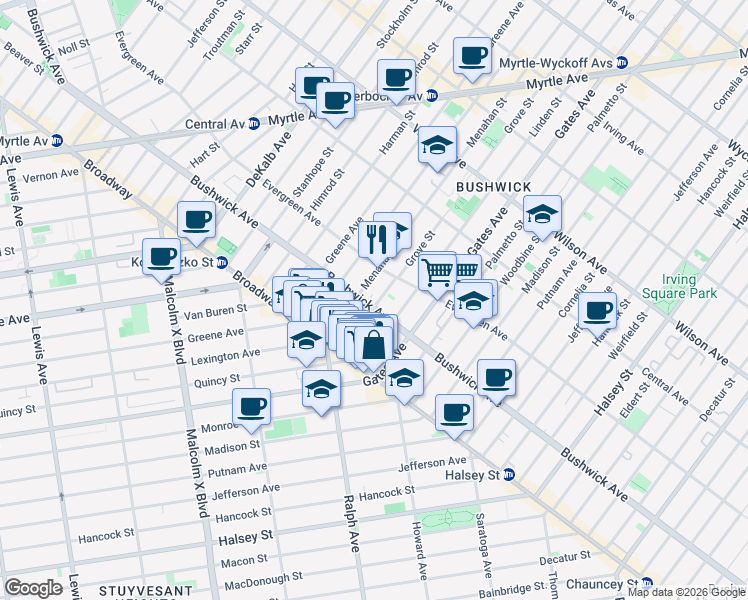map of restaurants, bars, coffee shops, grocery stores, and more near 68 Grove Street in Brooklyn