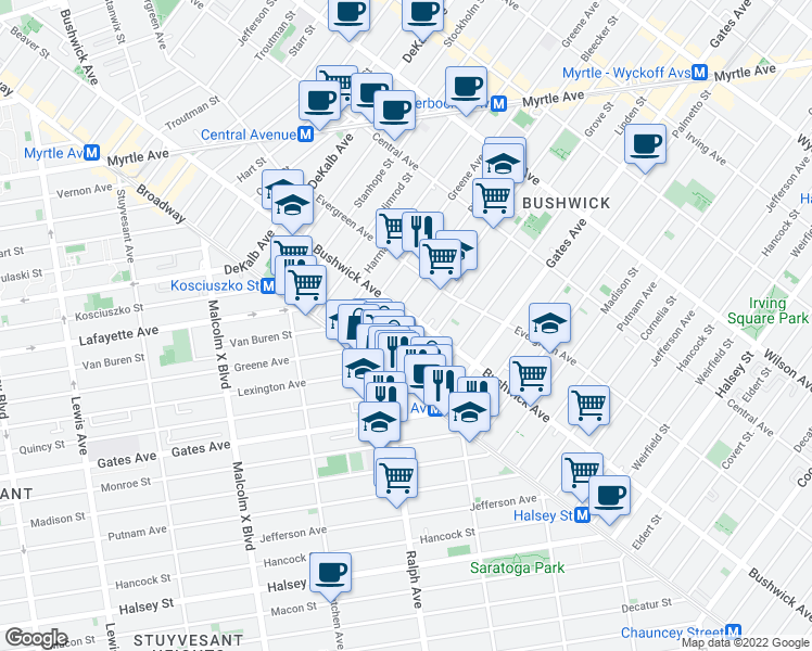 map of restaurants, bars, coffee shops, grocery stores, and more near 978 Bushwick Avenue in Brooklyn