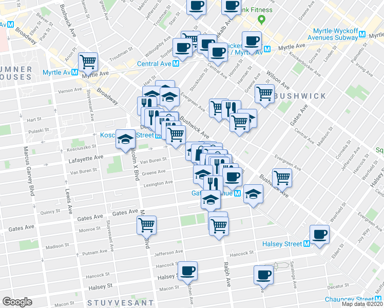 map of restaurants, bars, coffee shops, grocery stores, and more near in Brooklyn