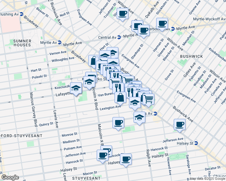 map of restaurants, bars, coffee shops, grocery stores, and more near 1164 Broadway in Brooklyn