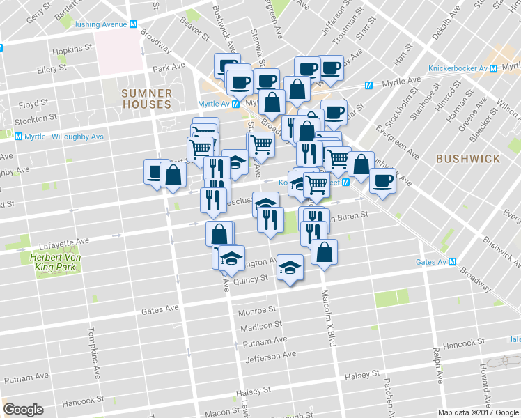 map of restaurants, bars, coffee shops, grocery stores, and more near 965 Lafayette Avenue in Brooklyn