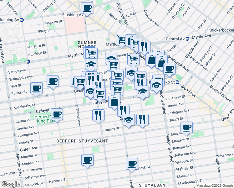map of restaurants, bars, coffee shops, grocery stores, and more near 143 Lewis Avenue in Brooklyn