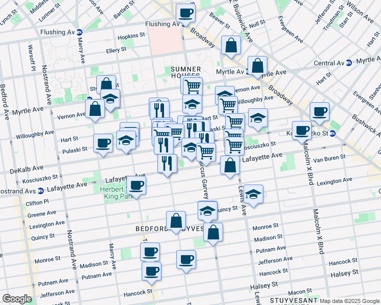 map of restaurants, bars, coffee shops, grocery stores, and more near 347 Kosciuszko Street in Brooklyn