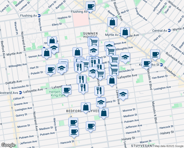 map of restaurants, bars, coffee shops, grocery stores, and more near 347 Kosciuszko Street in Brooklyn