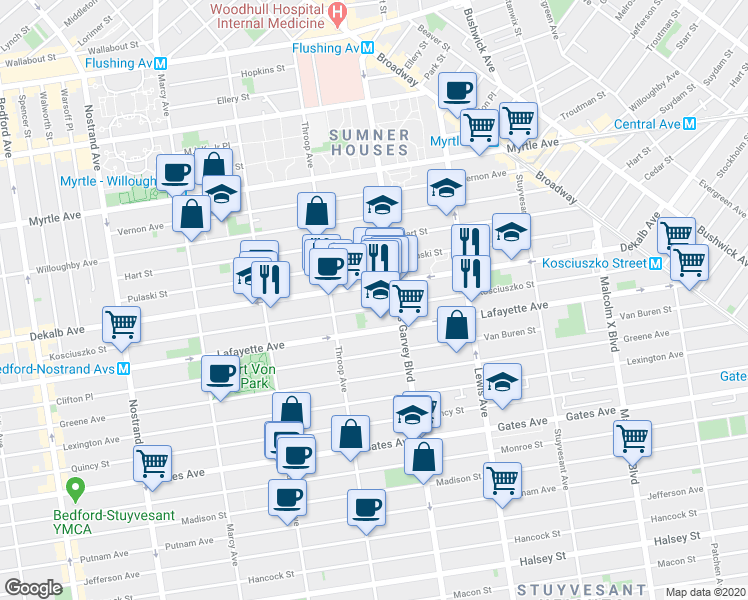 map of restaurants, bars, coffee shops, grocery stores, and more near 347 Kosciuszko Street in Brooklyn