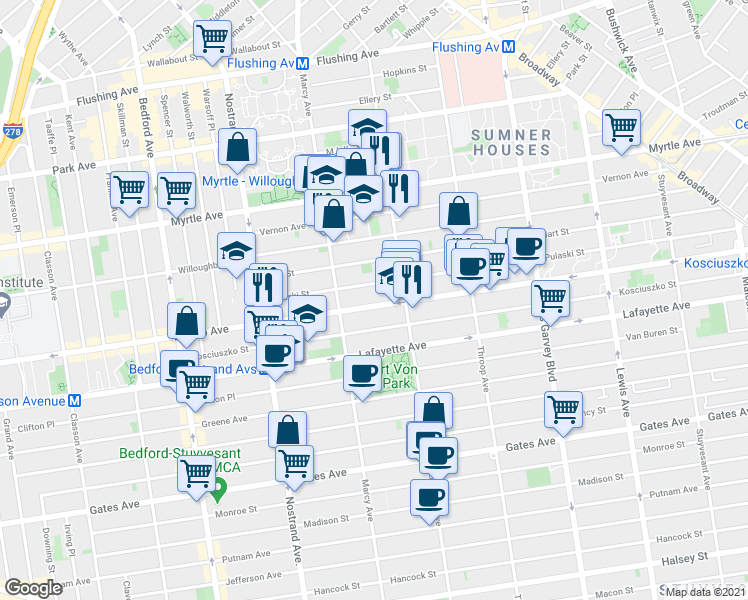 map of restaurants, bars, coffee shops, grocery stores, and more near 733 Dekalb Avenue in Brooklyn