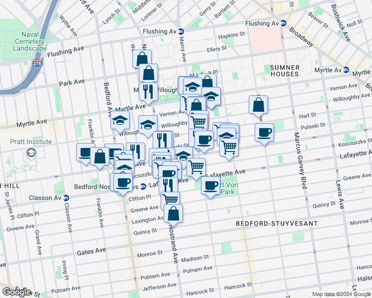 map of restaurants, bars, coffee shops, grocery stores, and more near 42 Pulaski Street in Brooklyn