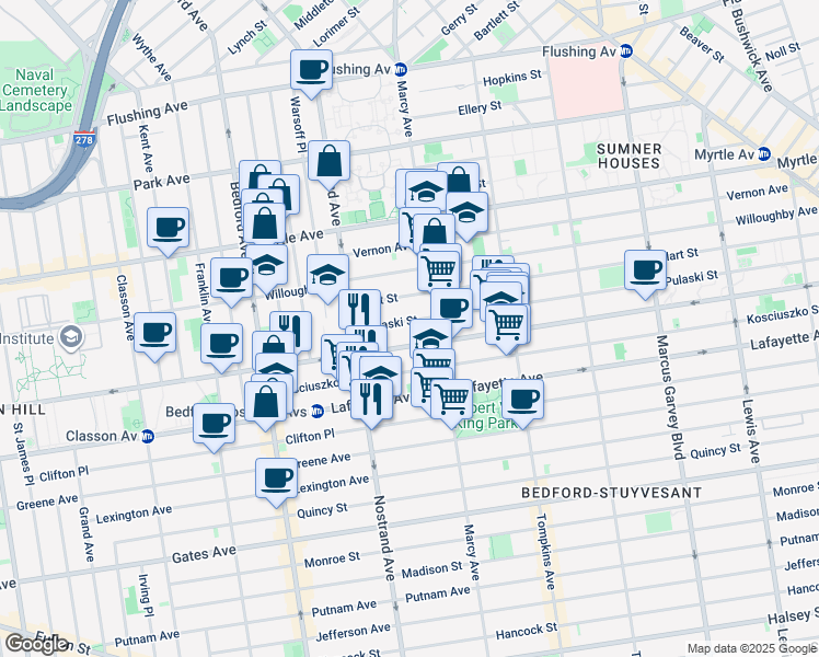 map of restaurants, bars, coffee shops, grocery stores, and more near 42 Pulaski Street in Brooklyn