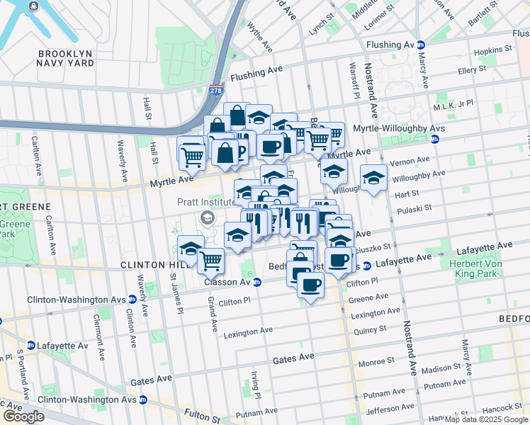 map of restaurants, bars, coffee shops, grocery stores, and more near 213 Taaffe Place in Brooklyn