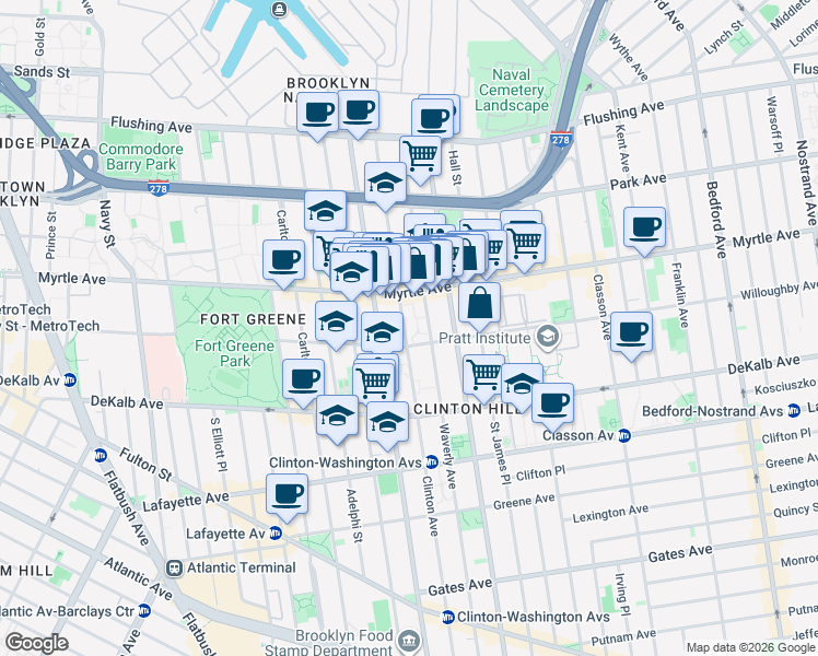map of restaurants, bars, coffee shops, grocery stores, and more near 200 Waverly Avenue in Brooklyn