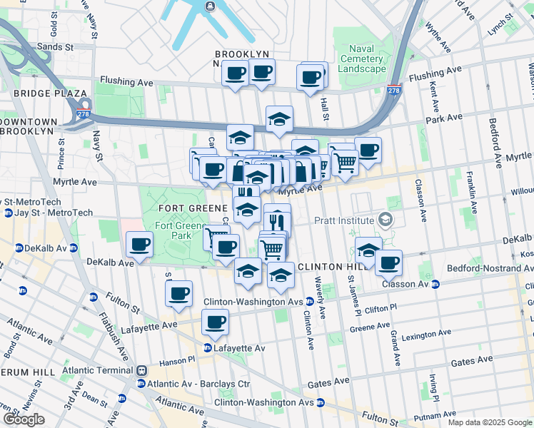 map of restaurants, bars, coffee shops, grocery stores, and more near in Brooklyn