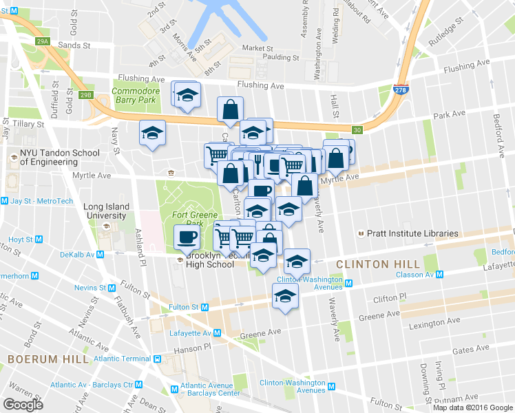 map of restaurants, bars, coffee shops, grocery stores, and more near 192 Clermont Avenue in Brooklyn