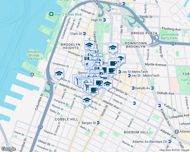 map of restaurants, bars, coffee shops, grocery stores, and more near 86 Court Street in Brooklyn