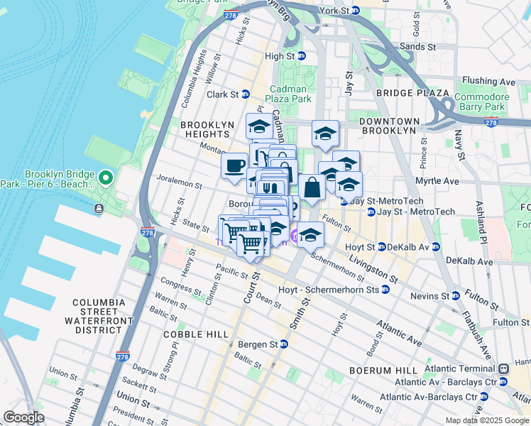 map of restaurants, bars, coffee shops, grocery stores, and more near 86 Court Street in Brooklyn