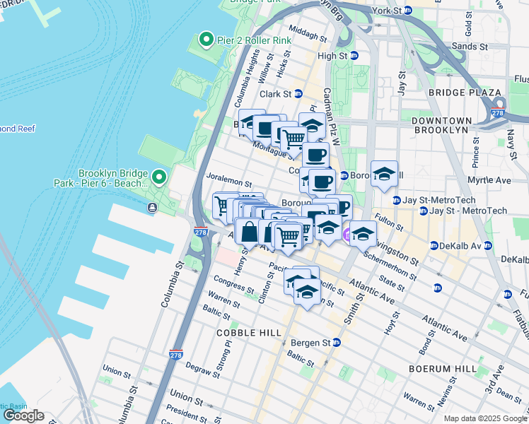 map of restaurants, bars, coffee shops, grocery stores, and more near 38 Sidney Place in Brooklyn