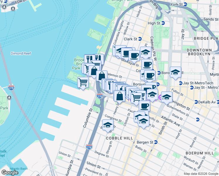 map of restaurants, bars, coffee shops, grocery stores, and more near 41 State Street in Brooklyn