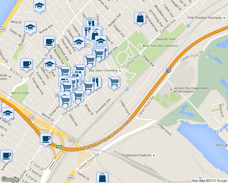 map of restaurants, bars, coffee shops, grocery stores, and more near 333 Princeton Avenue in Jersey City