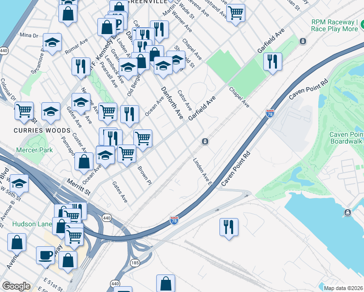 map of restaurants, bars, coffee shops, grocery stores, and more near 333 Princeton Avenue in Jersey City