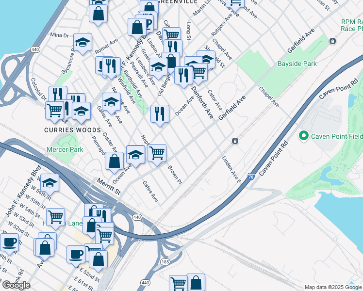 map of restaurants, bars, coffee shops, grocery stores, and more near 64 Winfield Avenue in Jersey City
