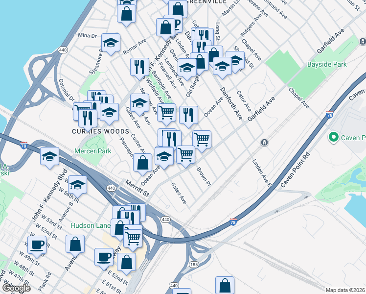 map of restaurants, bars, coffee shops, grocery stores, and more near 87 Winfield Avenue in Jersey City