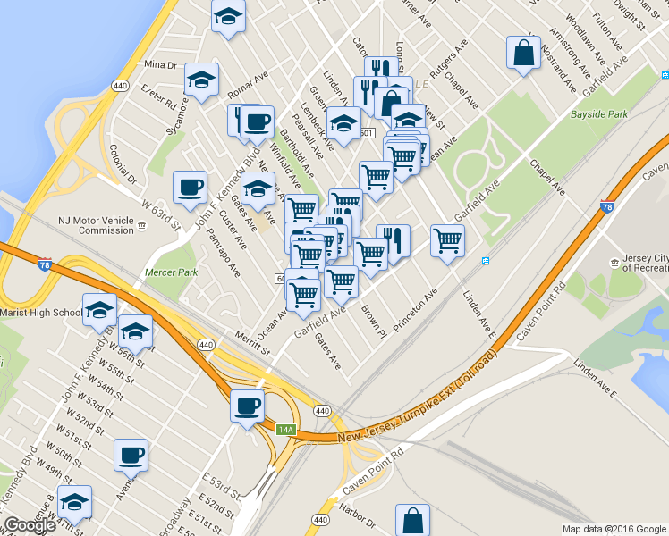 map of restaurants, bars, coffee shops, grocery stores, and more near 87 Winfield Avenue in Jersey City