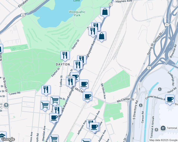 map of restaurants, bars, coffee shops, grocery stores, and more near 115-151 Evergreen Ave in Newark
