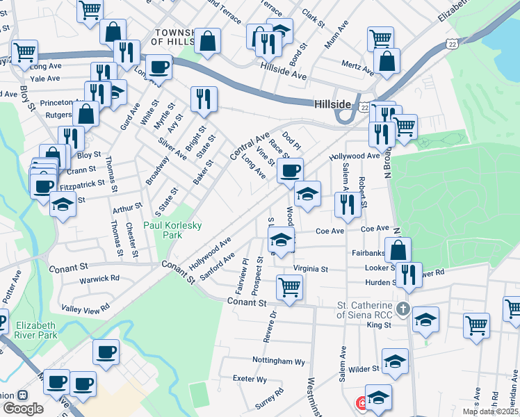 map of restaurants, bars, coffee shops, grocery stores, and more near 297 Hollywood Avenue in Hillside