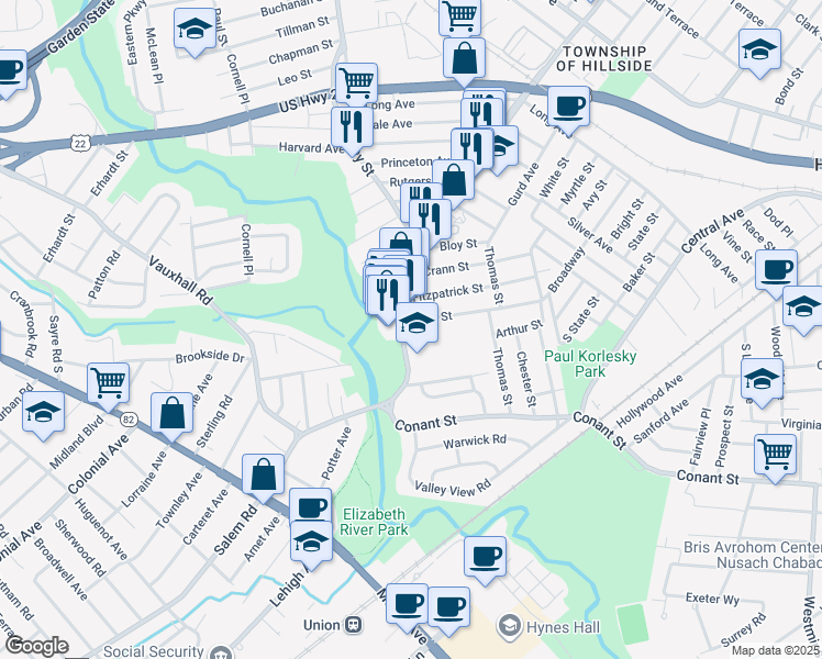 map of restaurants, bars, coffee shops, grocery stores, and more near 1113 Liberty Avenue in Hillside