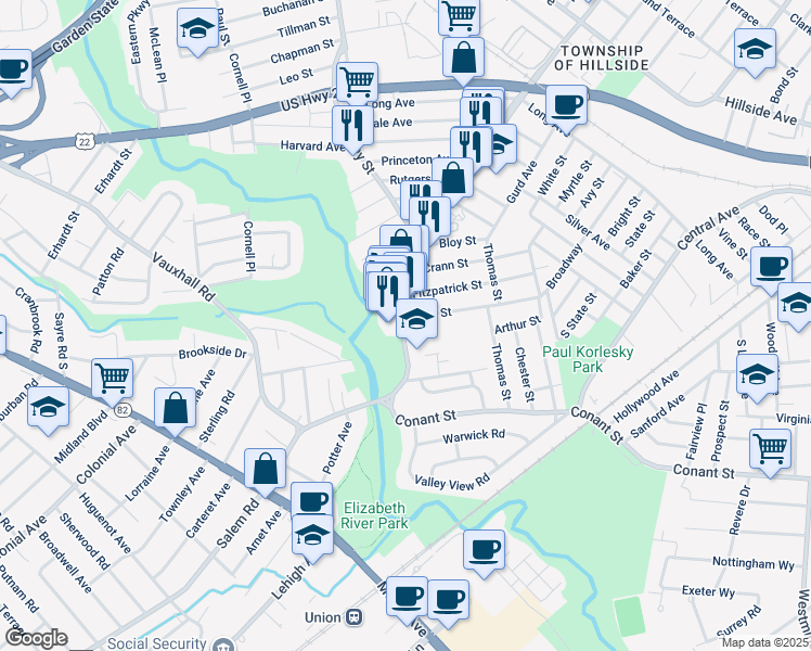 map of restaurants, bars, coffee shops, grocery stores, and more near 1113 Liberty Avenue in Hillside