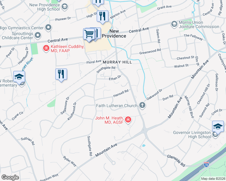 map of restaurants, bars, coffee shops, grocery stores, and more near 45 Hansell Road in New Providence
